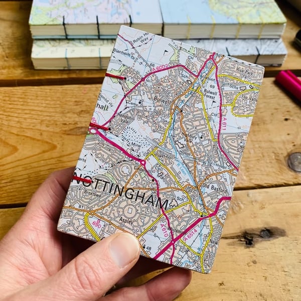 A7 Pocket Sketchbook with Recycled Map Covers and Mixed-Media Pages. Nottingham.