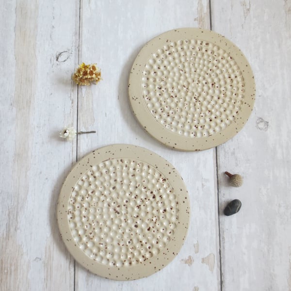Hand-built stoneware textured pottery coaster set (x2) in satin white