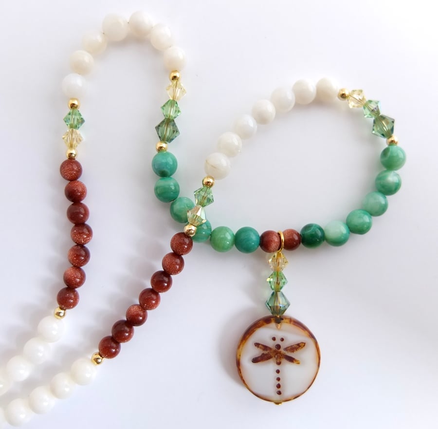 Dragonfly Pendant With Goldstone & Shell - Handmade Gift, Birthday, Anniversary