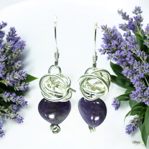 Amethyst heart gemstone earrings Amethyst shaped heart earrings wrapped with sil
