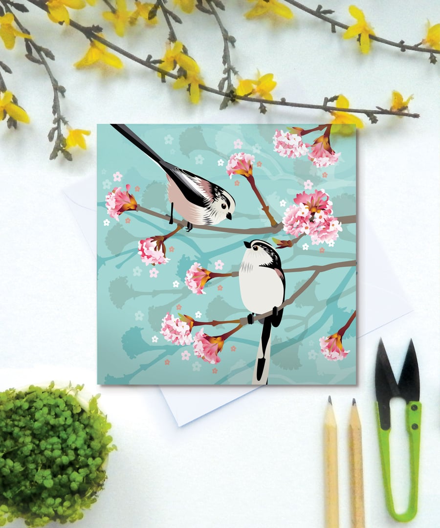 Long Tailed Tits Greetings Card - Valentine, British Birds, Eco Friendly, Blank