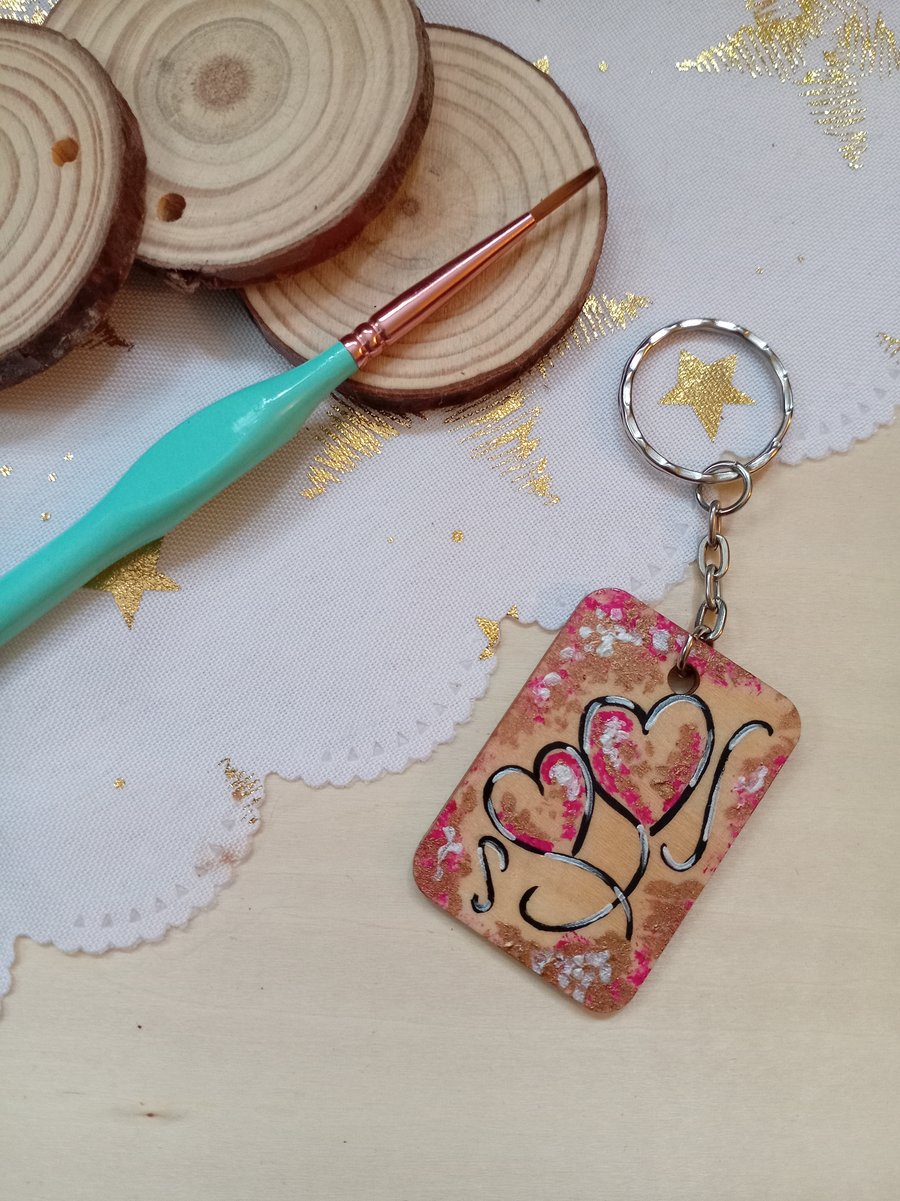Wooden rectangular floating hearts keyring 