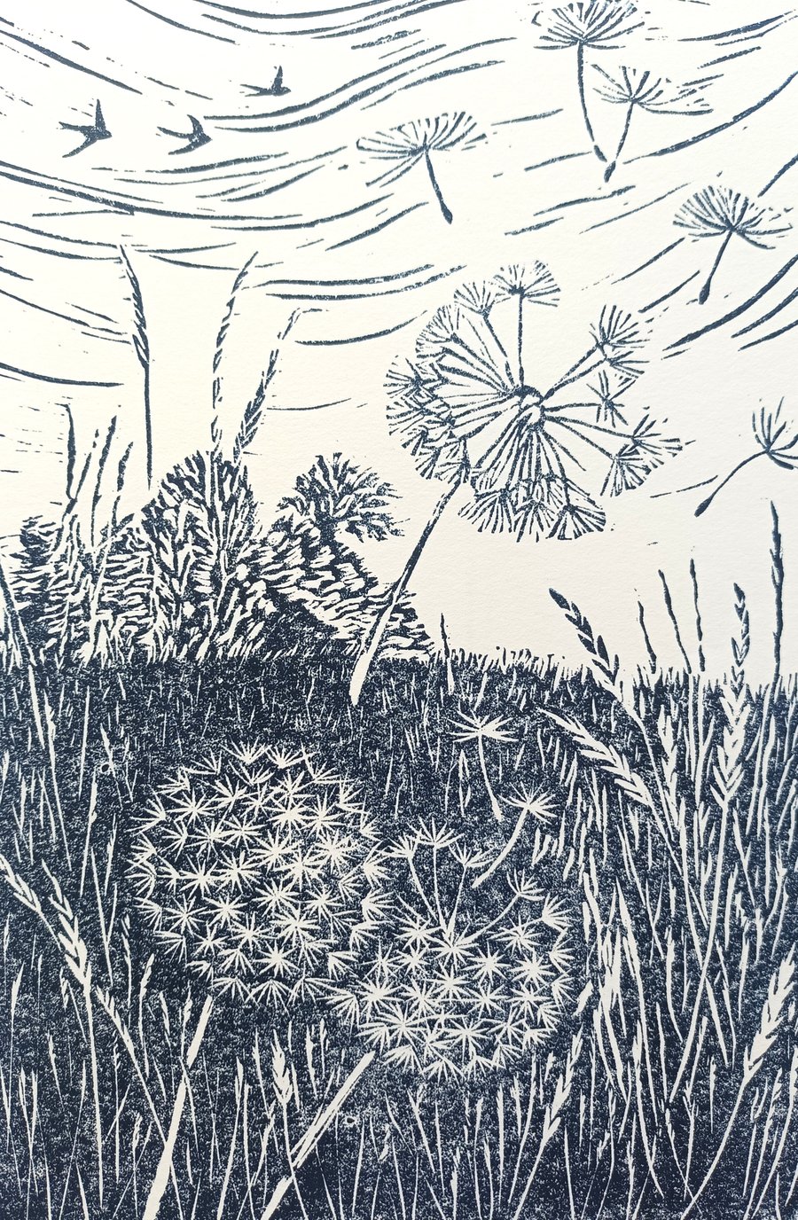 Linocut Print - The Wind Says Fly - Limited Edition Print - Dandelion Clock