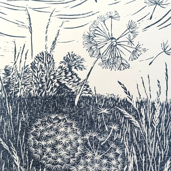 Linocut Print - The Wind Says Fly - Limited Edition Print - Dandelion Clock