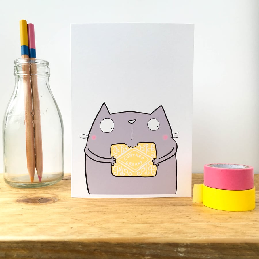 Custard Cream Biscuit cat Card.