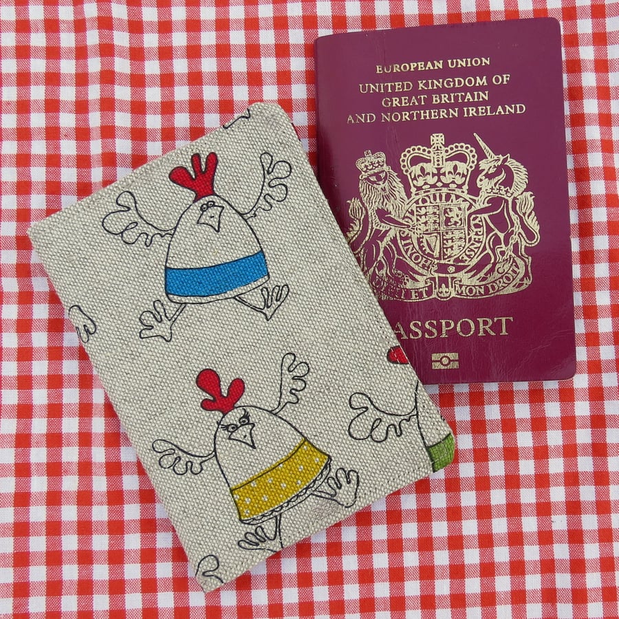 Chickens.  A passport sleeve with a chickens design.  Passport Cover.