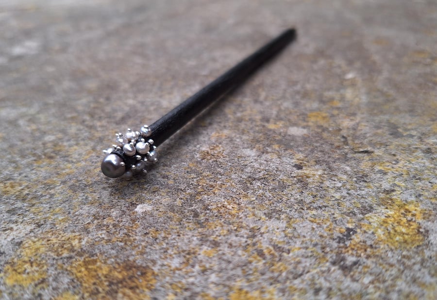 Exquisite Handmade Wooden Hairpin decorated with fresh water pearls. 925 silver.