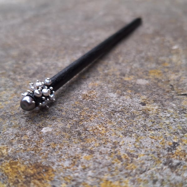Exquisite Handmade Wooden Hairpin decorated with fresh water pearls. 925 silver.