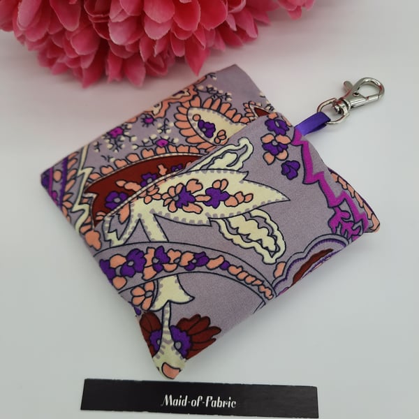 Bag for life keyring holder in purple pattern fabric. 