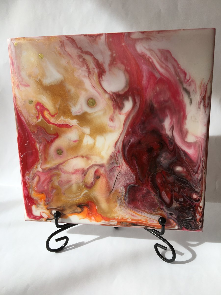 Abstract, Fluid art, red, gold, white,  6”x6” tile, trivet, decoration