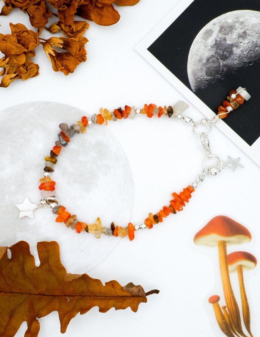 Carnelian and Almandine Garnet Gemstone Beaded Bracelet, Celestial Bracelet 