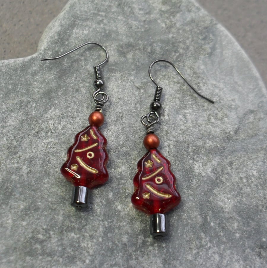 Christmas Tree Earrings Red With Czech Glass Christmas Earrings