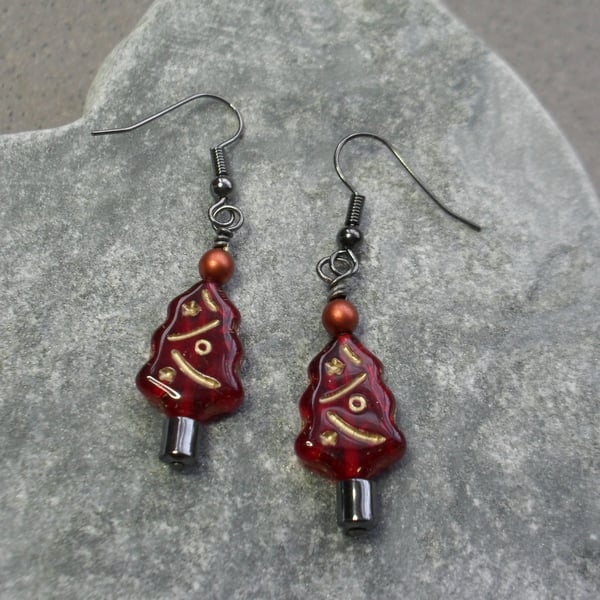 Christmas Tree Earrings Red With Czech Glass Christmas Earrings