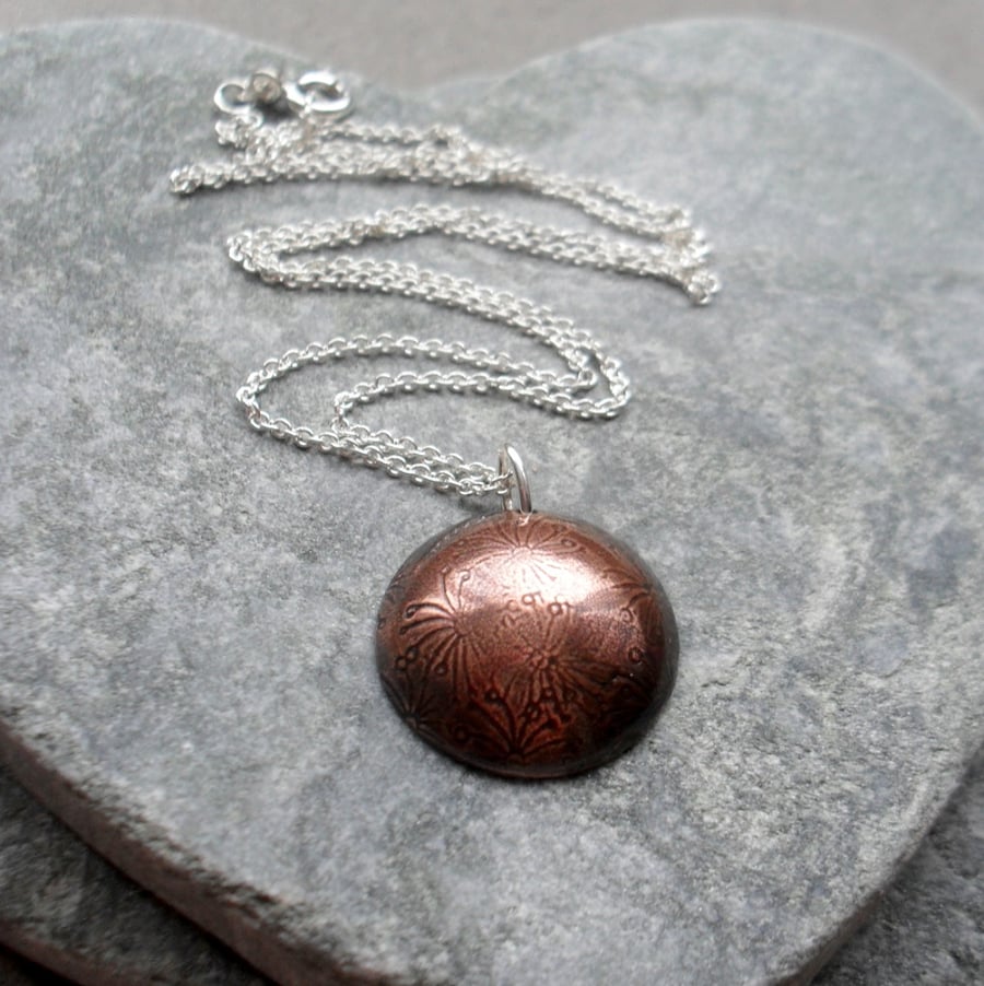 Oxidised Copper Domed Disc Pendant With Dandelion Detail Sterling Silver Chain 