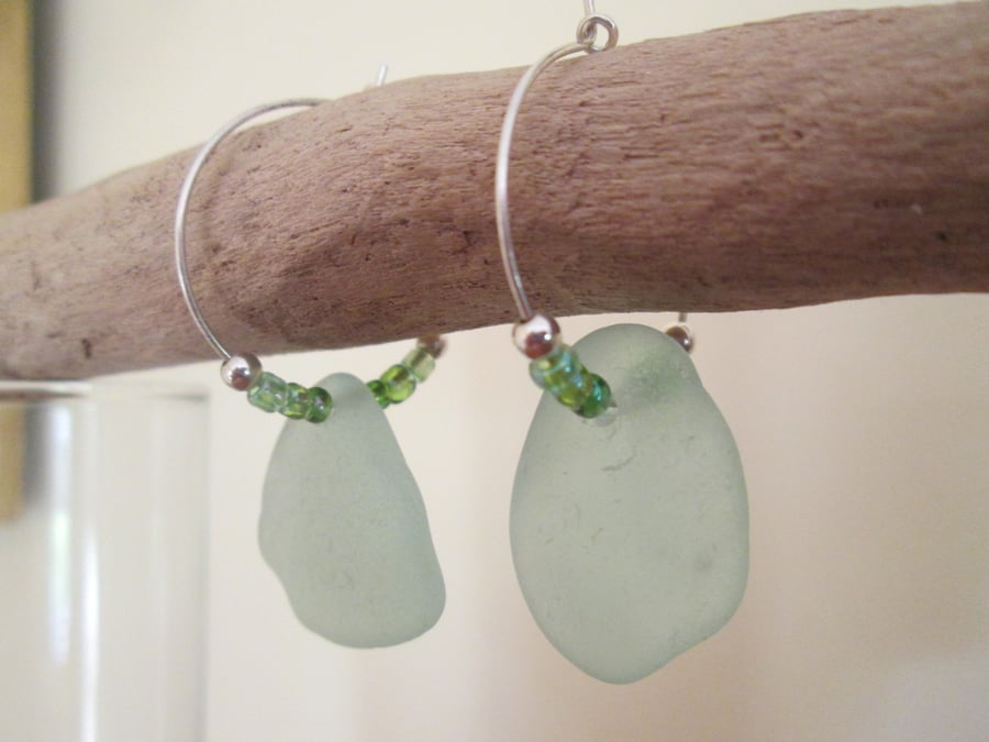 Lovely Aqua Seaglass drops with beads on Sterling Silver hoop Earrings