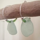 Lovely Aqua Seaglass drops with beads on Sterling Silver hoop Earrings