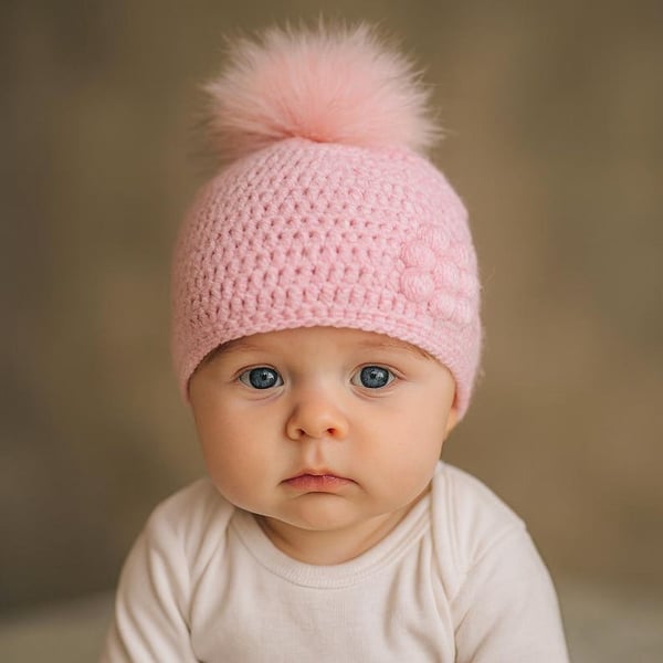 Pink Baby Girl Crochet Hat with Faux Fur Pom Pom & Bobble Flower, 0-3 Months