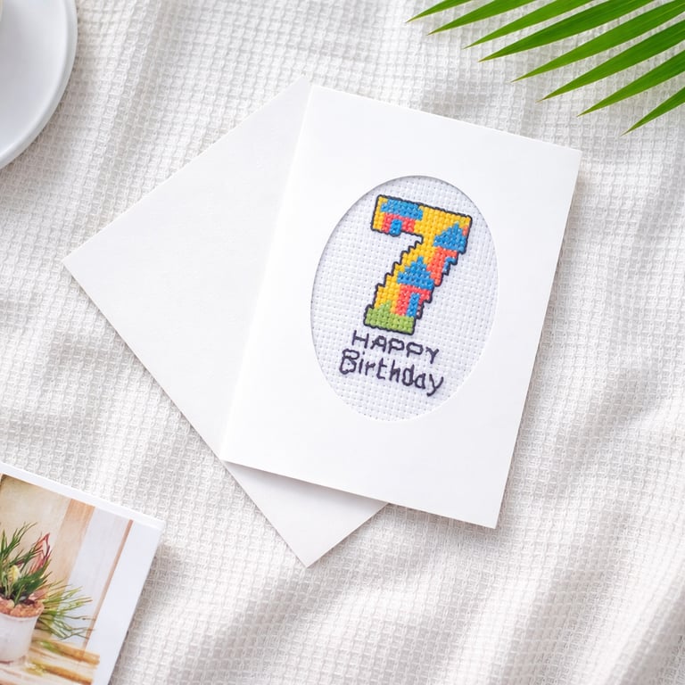 7th Birthday Card Cross Stitch, Handmade Number 7 Card for Seven Year Old