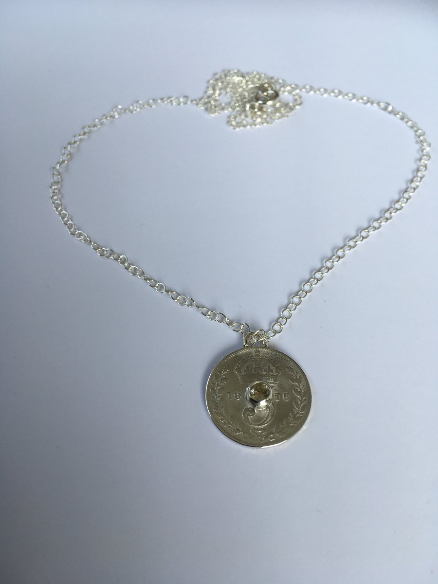1916 Threepence Pendant with Champagne Sapphire 