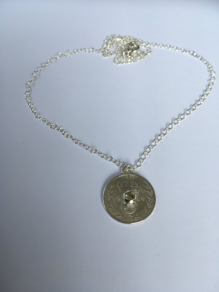 1916 Threepence Pendant with Champagne Sapphire 