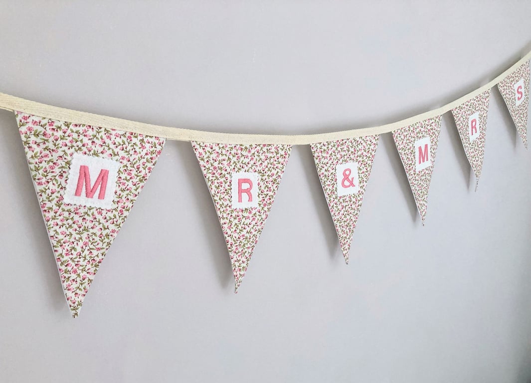 Mr and Mrs cotton fabric bunting. Wedding day, top table, newlyweds decor.