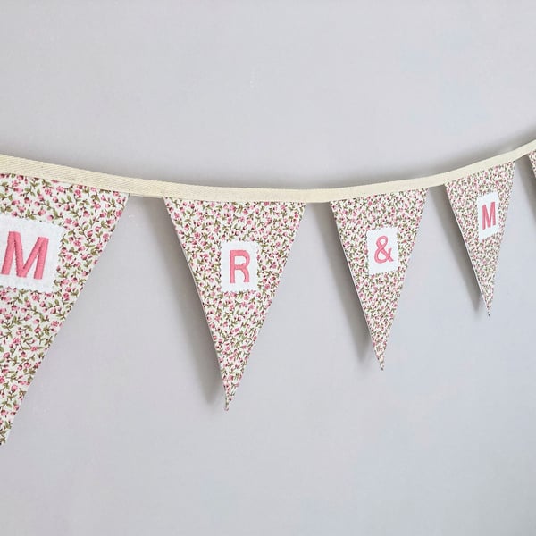 Mr and Mrs cotton fabric bunting. Wedding day, top table, newlyweds decor.