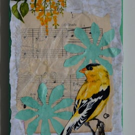 "Delicato" Yellow Bird Hand Painted 5" x 7" Mixed Media Collage on Canvas