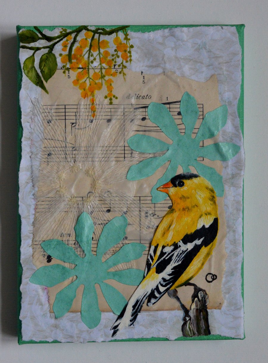 "Delicato" Yellow Bird Hand Painted 5" x 7" Mixed Media Collage on Canvas