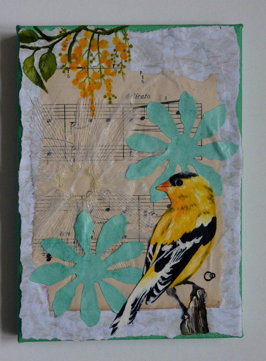 "Delicato" Yellow Bird Hand Painted 5" x 7" Mixed Media Collage on Canvas