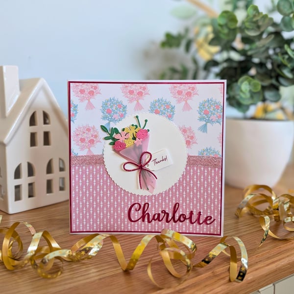 Pink Blooming Bouquet Personalised Birthday or Thank You Card