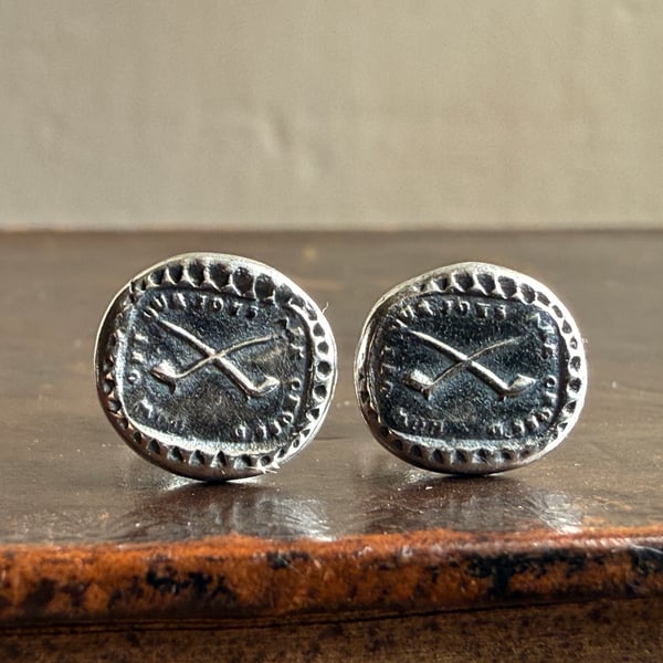Sterling Silver Clay Pipe Wax Seal Stud Earrings "HOW OFT OUR JOYS ARE CROSS'D"