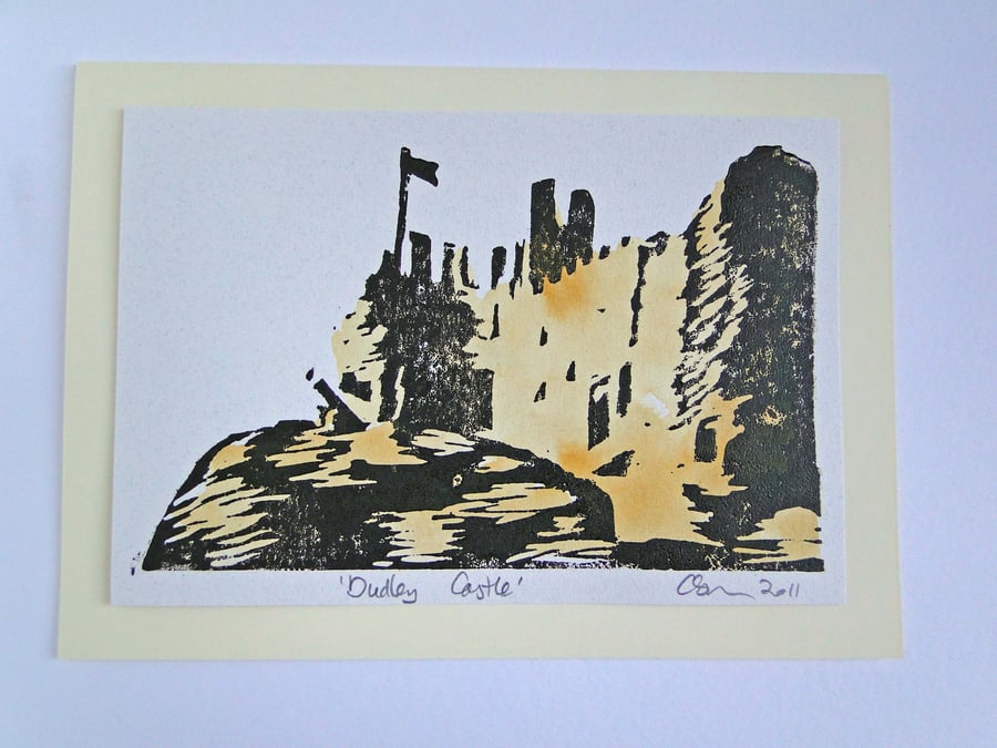 Dudley Castle Lino Print Blank Greeting Card with Watercolour 