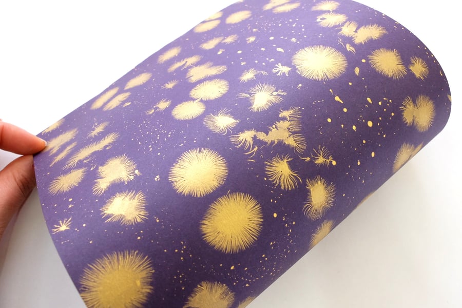 'Star burst' pattern A4 Marbled paper sheet purple gold  