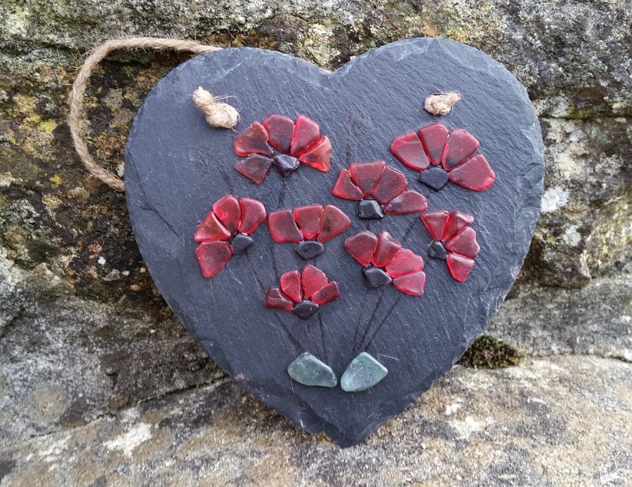 Sea Glass Poppies on Slate Heart