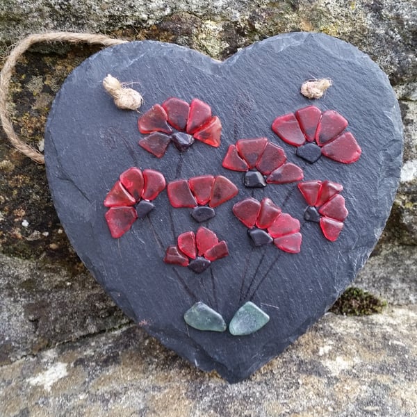 Sea Glass Poppies on Slate Heart