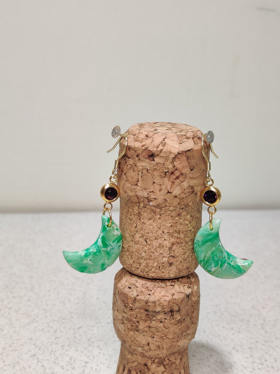 Green marble moon gem earrings 