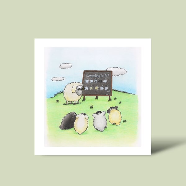 Counting Sheep Greetings Card: Cute Lambs Maths Lesson Illustration (216)