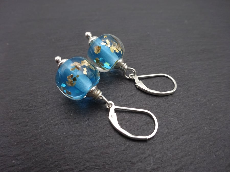 blue and gold glitter lampwork glass earrings, lever back