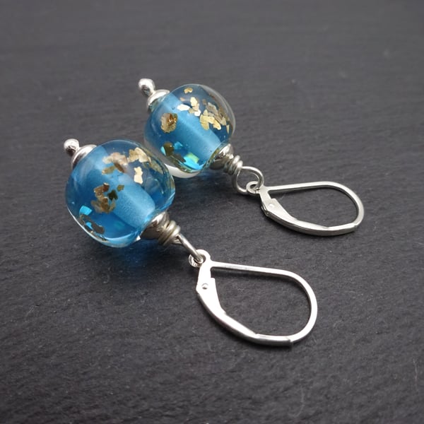 blue and gold glitter lampwork glass earrings, lever back