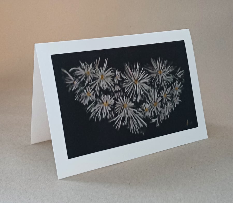 Chrysanthemums on Black white autumn flower card, giclee print, framed art