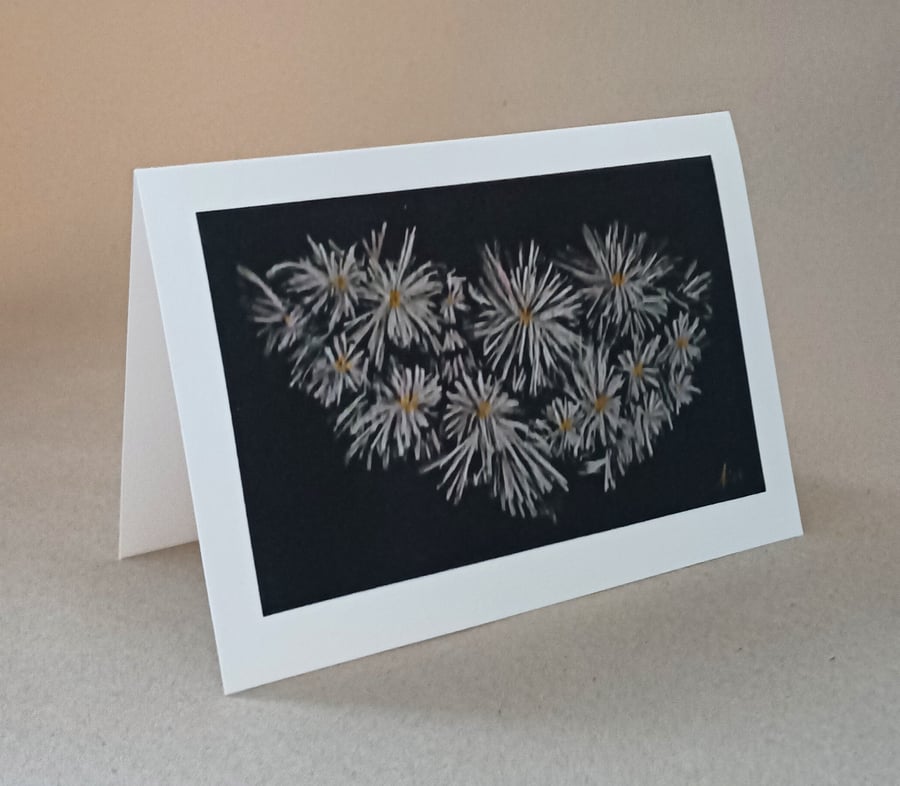 Chrysanthemums on Black white autumn flower handmade card, giclee print