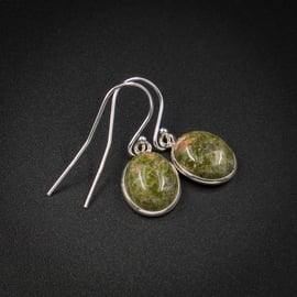 Unakite, sterling silver bezel set green coral earrings, Pisces, Aries jewellery