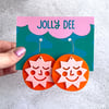Happy sun face sunshine hoop earrings orange pink, statement earrings for her
