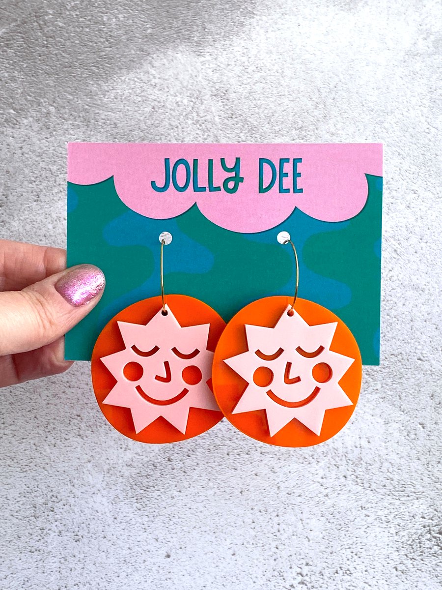 Happy sun face sunshine hoop earrings orange pink, statement earrings for her