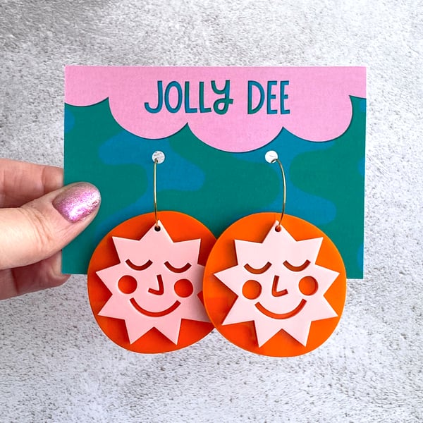 Happy sun face sunshine hoop earrings orange pink, statement earrings for her