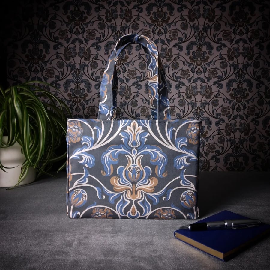 Mini Fabric Tote Bag - Baroque Style Floral on Navy
