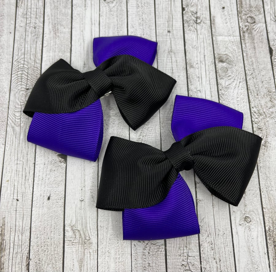 Black and Purple Diagonal Double with Bows on Clips (pair)
