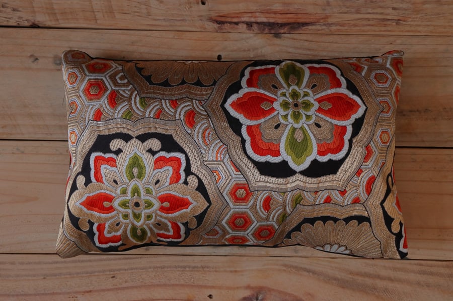 Silk Brocade Cushion Japanese Kimono Obi Golden Cherry Blossom