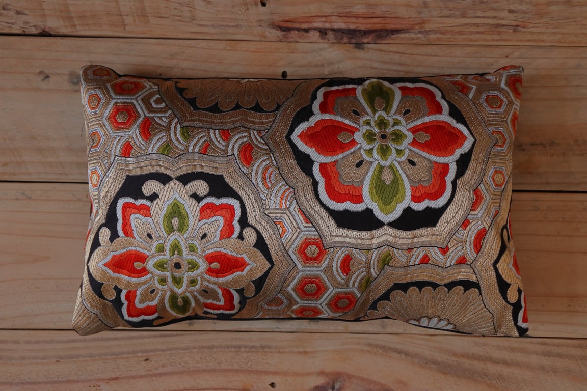 Silk Brocade Cushion Japanese Kimono Obi Golden Cherry Blossom