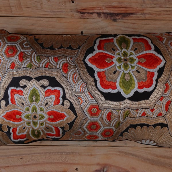 Silk Brocade Cushion Japanese Kimono Obi Golden Cherry Blossom